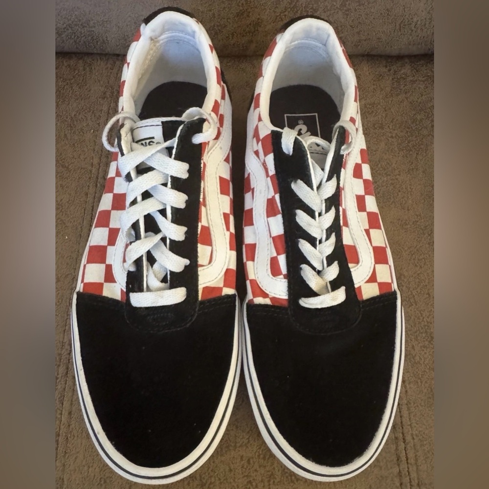 Vans Old Skool Red White Checkerboard Sneakers Women’s 9.5 Black Suede